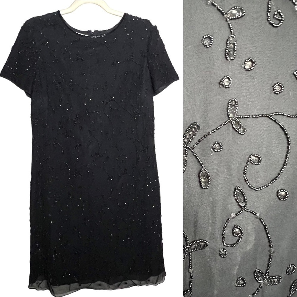Talbots Vintage Silk Beaded Shift Dress Fully Lined Black Size 10